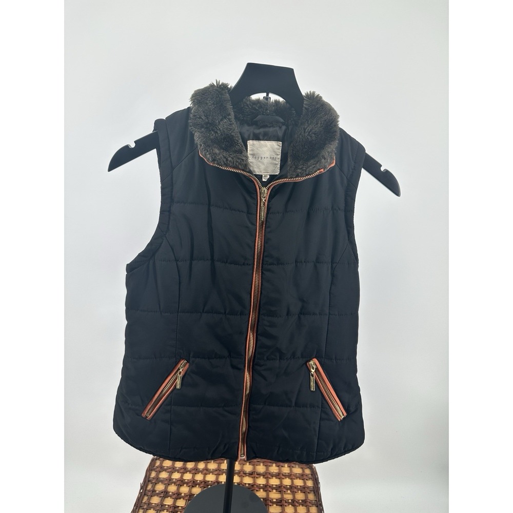Copper Key Girls Vest Size XL Black Brown Trim Poly Fill Zip Quilted Faux Fur